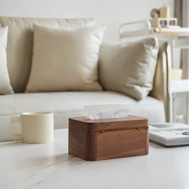 Kenji Tissue Box - 6 - Couch, pillows, wooden table, white mug, tissue box, minimalist decor, soft lighting, cozy