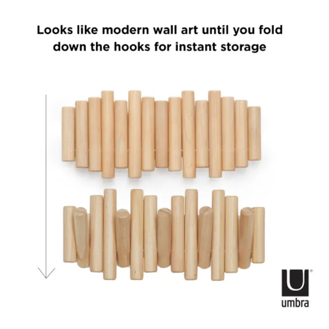 Picket 5 Wall Hook - Natural - 8 - Wooden hammers, modern wall art, folding hooks, instant storage, minimalist design
