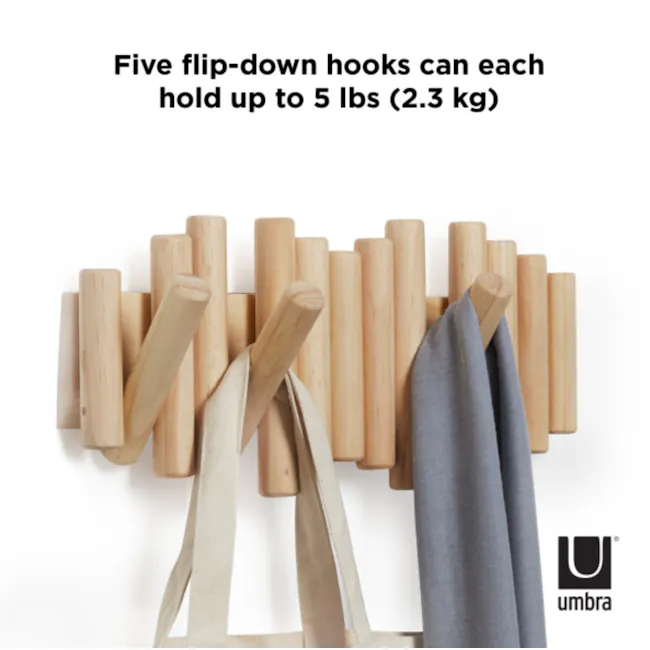 Picket 5 Wall Hook - Natural - 9 - Wooden flip-down hooks, five hooks, each can hold up to 5 lbs, 3 kg, fabric hangers
