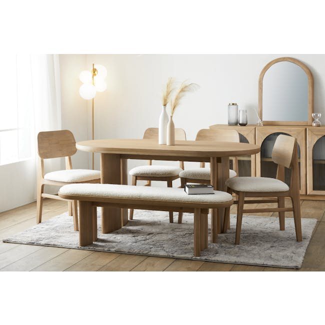Catania Cushioned Bench 1.2m - 3 - Minimalist dining room with wooden furniture, soft natural light streaming through