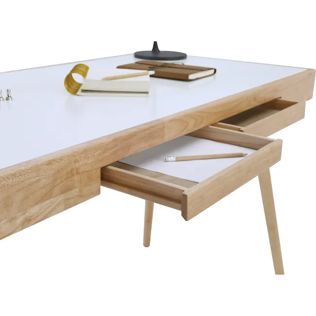 Reth Study Table 1.2m - White, Natural - 9 - Wooden desk, open drawer, pencil, wooden desk drawer, wooden desk drawer pull
