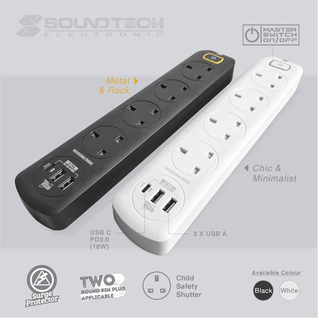 SOUNDTEOH 4 Way Extension Socket with USB A+C - White - 3