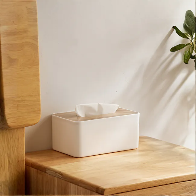Wooden Tissue Box - Olive - 5 - White rectangular tissue box, wooden surface, minimalist design, clean lines, natural wood