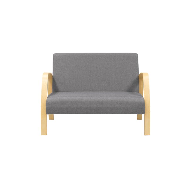 Mizuki 2 Seater Sofa with Mizuki Armchair in Grey - 3 - Grey upholstered chair with light wooden armrests and legs, modern