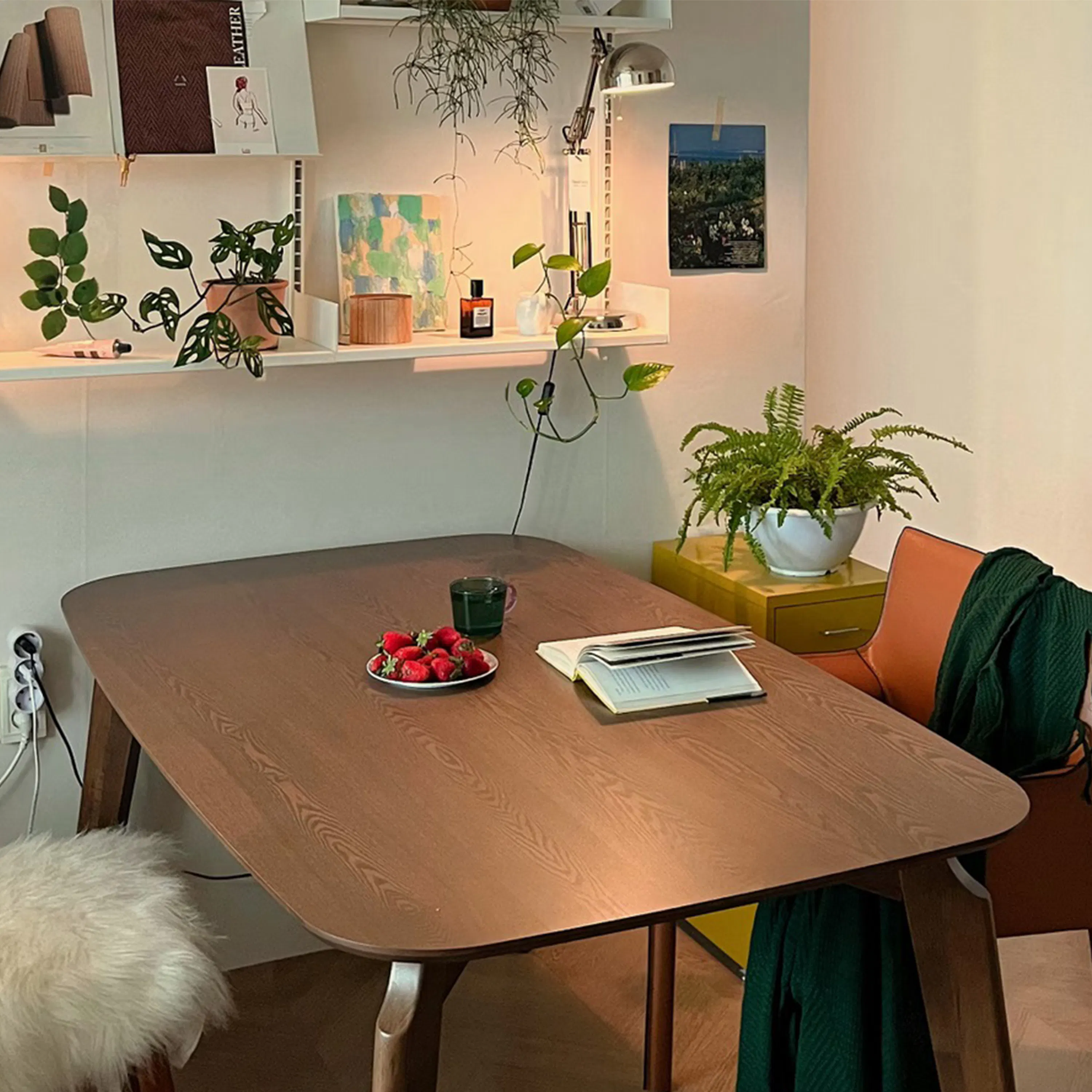 Acker Dining Table 1.5m - 9 - Wooden dining table, modern interior, cozy atmosphere, small potted plant, green leaves
