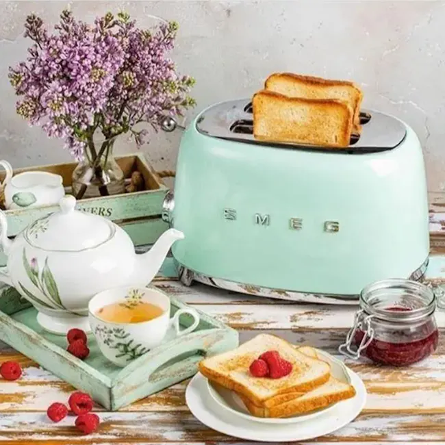 Smeg 2-Slice Toaster - Pastel Green - 4 - Tea set, vintage toaster, breakfast scene, pancakes, toast, tea, jam, berries, tea