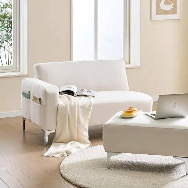 Macaron 2 Seater Left Chaise Sofa with Ottoman - Ivory (Pet Friendly) - 10 - Cream-colored, modern sofa, minimalist design