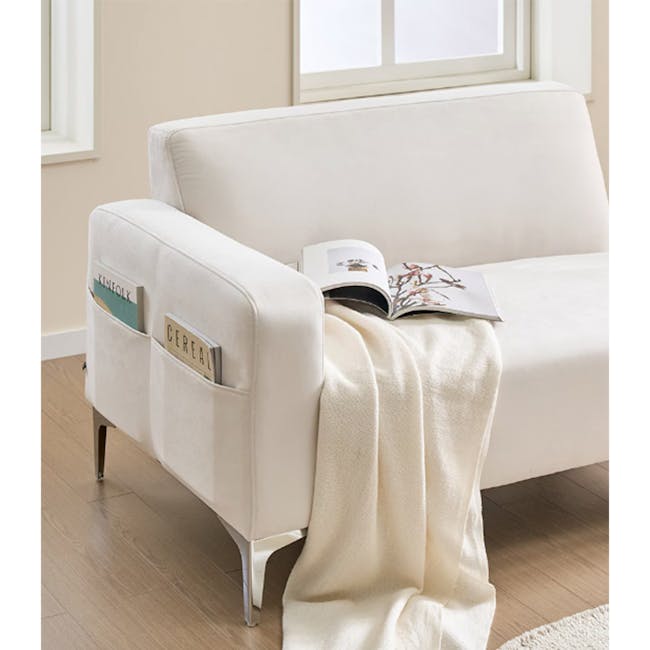 Macaron 2 Seater Left Arm Chaise Sofa - Ivory (Pet Friendly) - 17 - Cream-colored sofa, beige throw blanket, open book