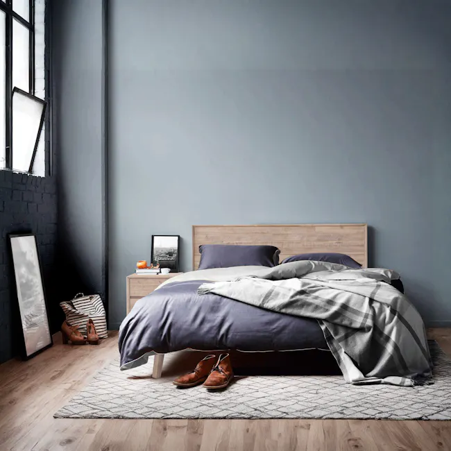 Leland Twin Drawer Bedside Table - 7 - Modern bedroom, cozy atmosphere, minimalist design, neutral color palette, wooden