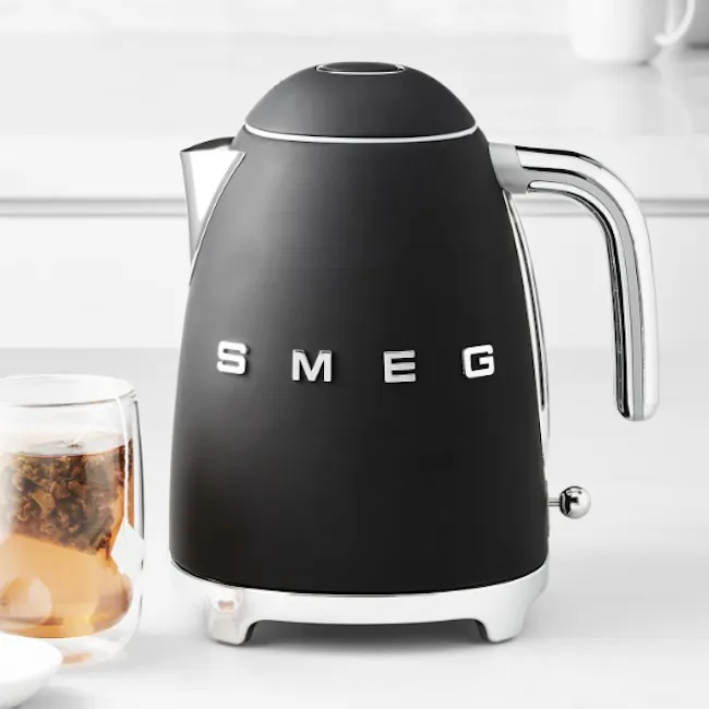 Smeg 1.7L Kettle - Matte Black - 3 - Sleek black electric kettle with the brand name "SMEG" prominently displayed., Modern