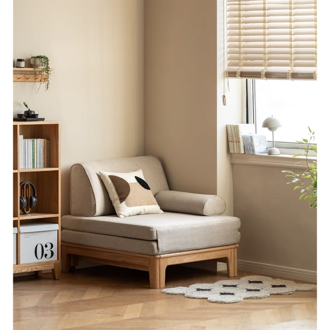 Zara Sofa Bed - Gravel White - 5 - Modern minimalist living room, cozy seating area, beige sofa, soft natural light, wooden