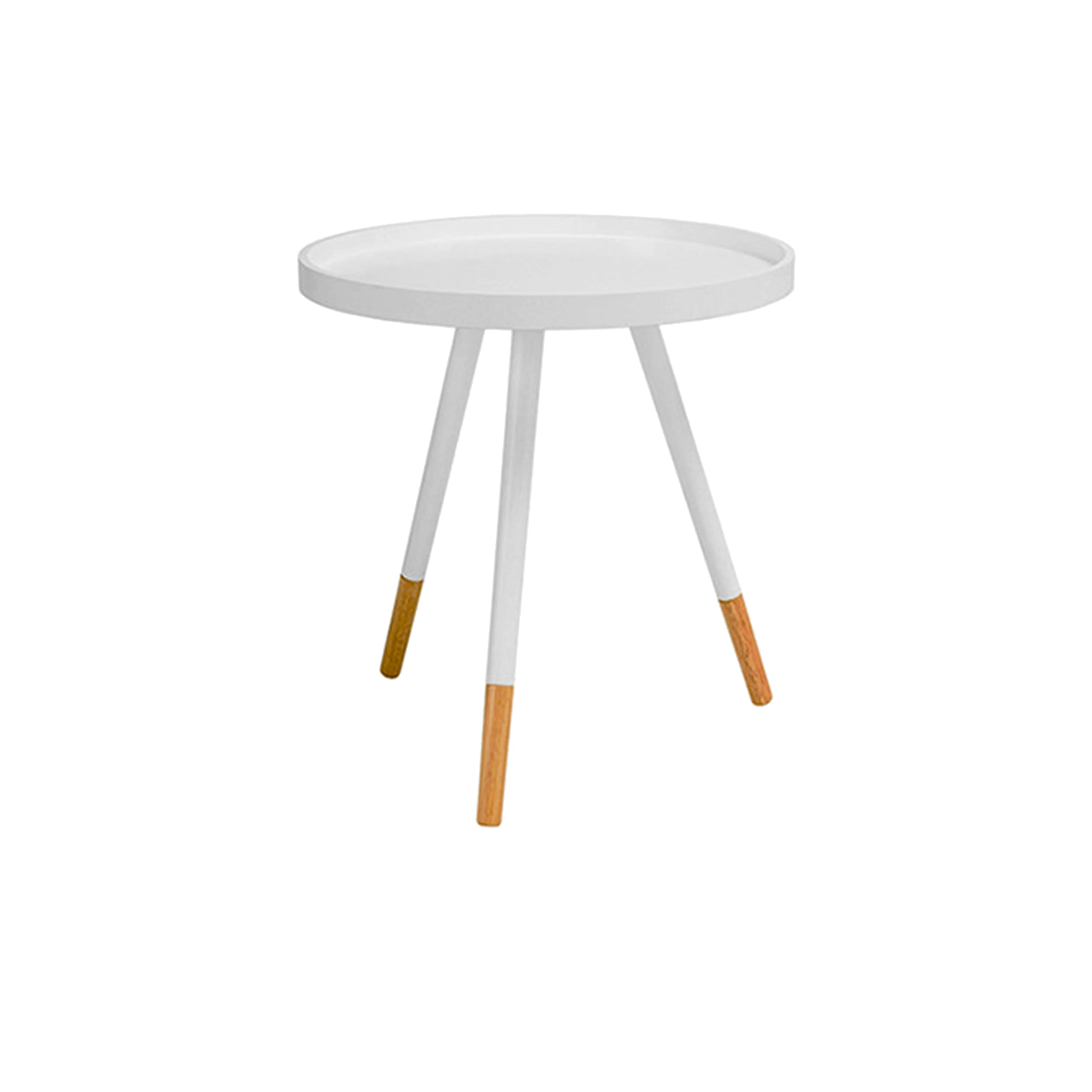 Aiko Queen Bed with Innis Side Table in White - 10 - Round table, white top, three-legged design, wooden handles, minimalist