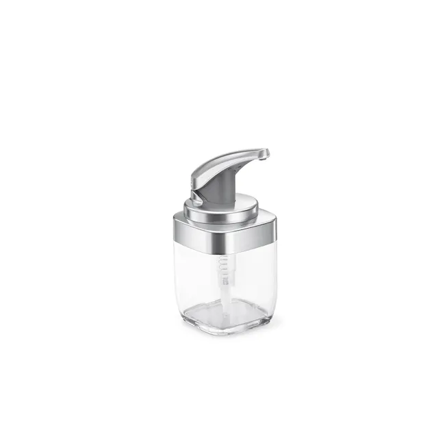 simplehuman 15oz Push Pump - 1 - Clear glass bottle, stainless steel finish, modern design, handheld pump, transparent