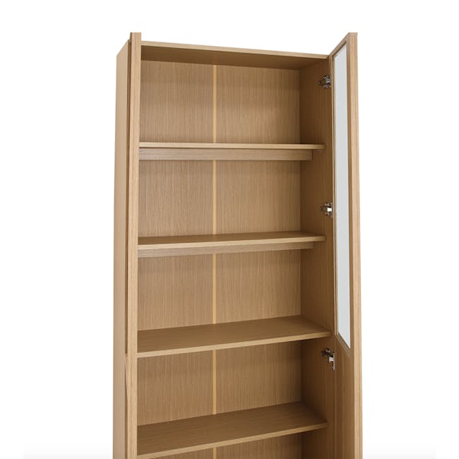 Fujiko Glass Display Bookshelf - 9 - Wooden open shelf, minimalist design, empty shelves, light brown wood, simple shelving