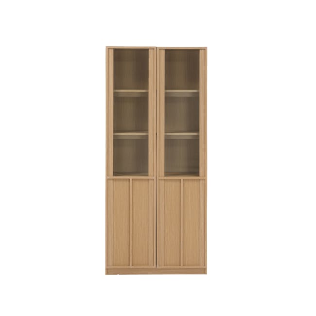 Fujiko Glass Display Bookshelf - 1 - Wooden bookshelf, minimalist design, tall cabinet, two-tone finish, light wood color