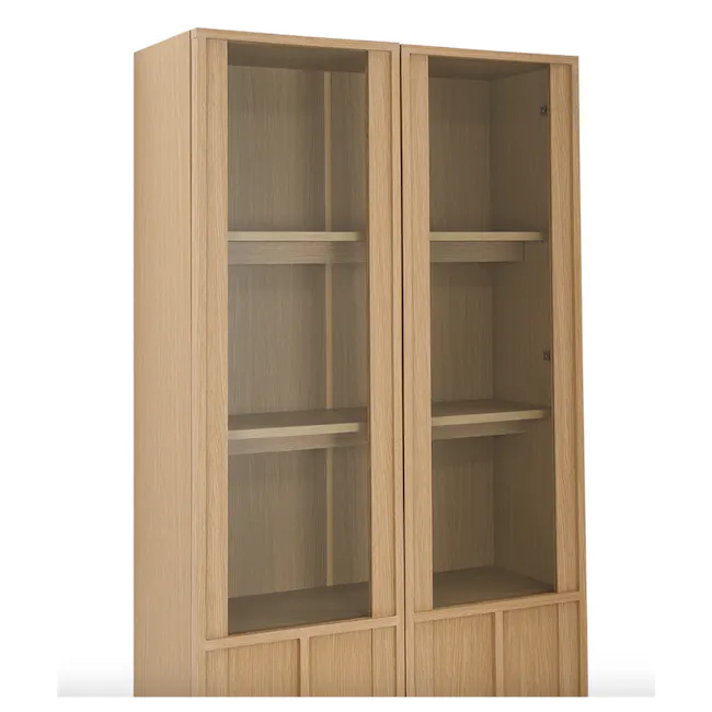Fujiko Glass Display Bookshelf - 7 - Wooden, minimalist, open shelving, light brown finish, simple design, empty