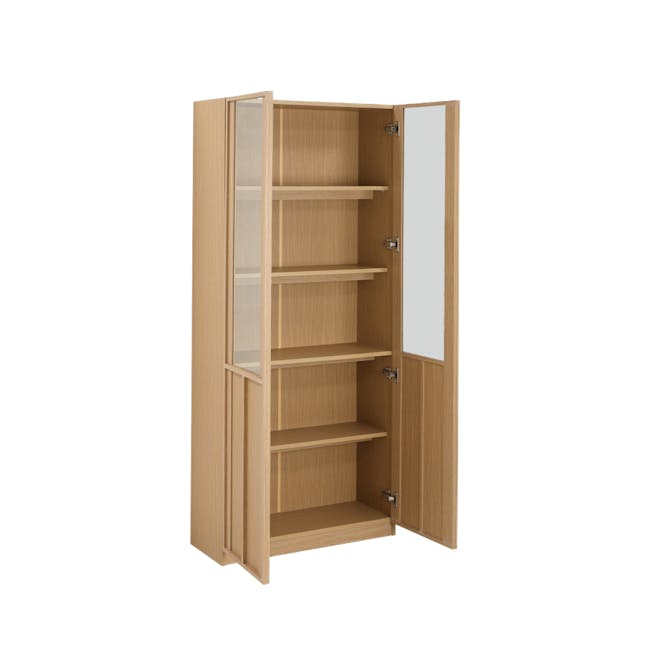 Fujiko Glass Display Bookshelf - 2 - Wooden wardrobe with glass doors, open shelving, minimalist design, light brown finish