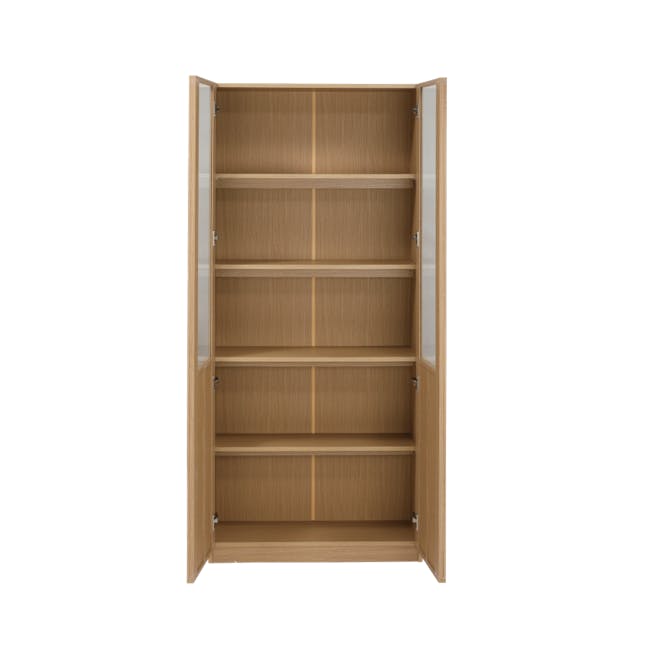 Fujiko Glass Display Bookshelf - 4 - Wooden open shelving unit, minimalist design, empty shelves, light brown finish, simple