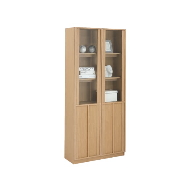 Fujiko Glass Display Bookshelf - 3 - Wooden cabinet, glass doors, minimalist design, open shelving, decorative items, books