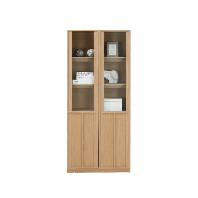 Fujiko Glass Display Bookshelf - 10 - Wooden shelving unit, minimalist design, light brown finish, open shelving, decorative