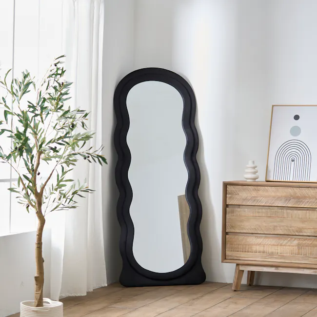 Floe Velvet Floor Mirror 170 x 70 cm - Black - 2 - White curtains, modern mirror, minimalist decor, natural light, potted