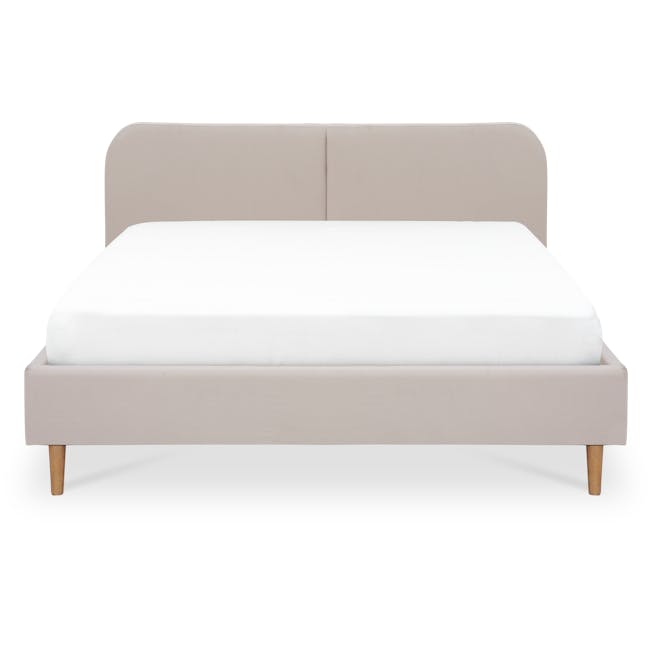 Nolan King Bed in Oatmeal with 2 Miah Bedside Table in White - 3 - Modern minimalist bed frame, neutral beige upholstered