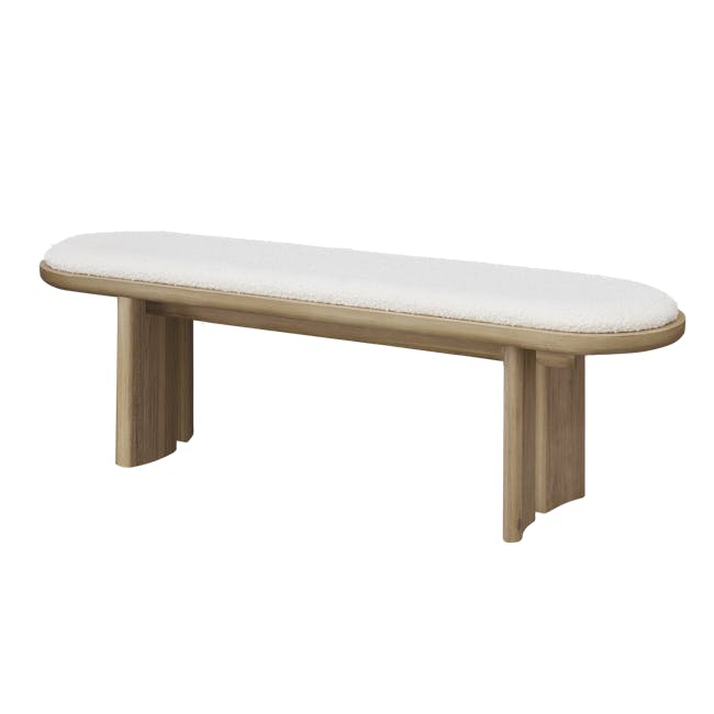 Catania Cushioned Bench 1.4m - 1 - Wooden bench with white cushion, minimalist design, natural wood finish, light brown