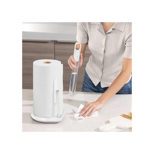 Simplehuman Tension Arm Paper Towel Holder with Pump - White - 4 - White paper towel roll, person using dispenser, white