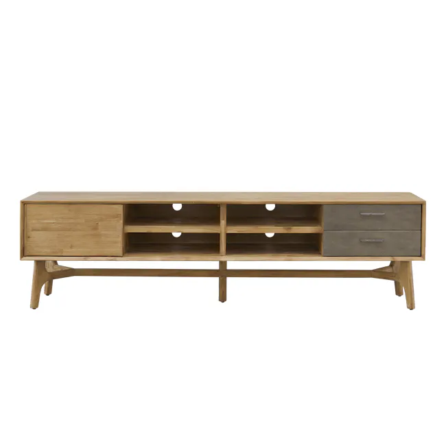 Hudson TV Console 2m - 1 - Wooden TV stand with drawers, minimalist design, light brown finish, open shelves, decorative