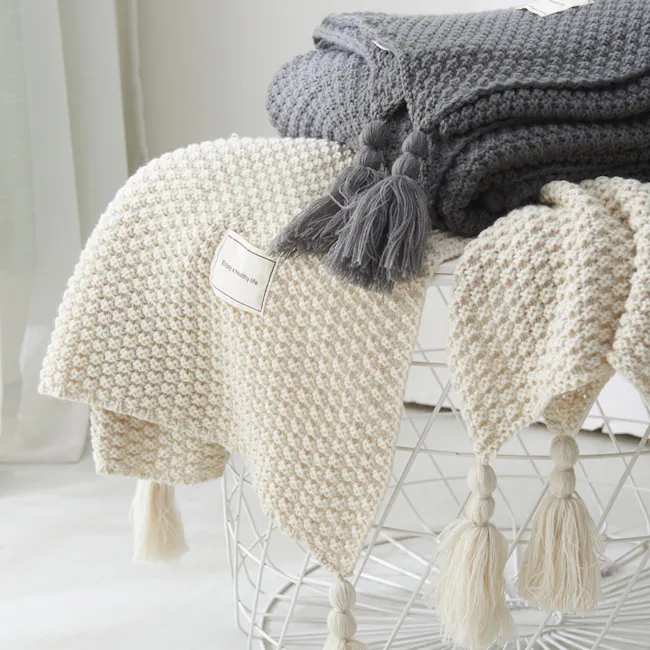 Celeste Knitted Throw - Off White - 4 - Cream and gray knitted throw blankets, white and cream tassels, soft and cozy