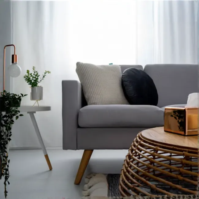 Oro Table Lamp - Brass - 5 - modern living room, cozy seating, gray sofa, white walls, minimalist decor, indoor plants