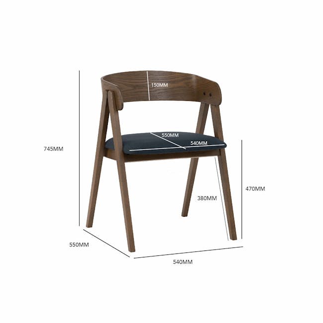 Melda Dining Armchair - Cocoa, Navy - 7 - Wooden chair, 745mm height, 550mm seat, 540mm backrest, 380mm depth, 470mm legs