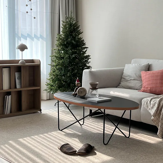 Seifer Coffee Table - 2 - Modern living room, cozy nook, minimalist decor, light gray sofa, soft pink throw pillow, wooden