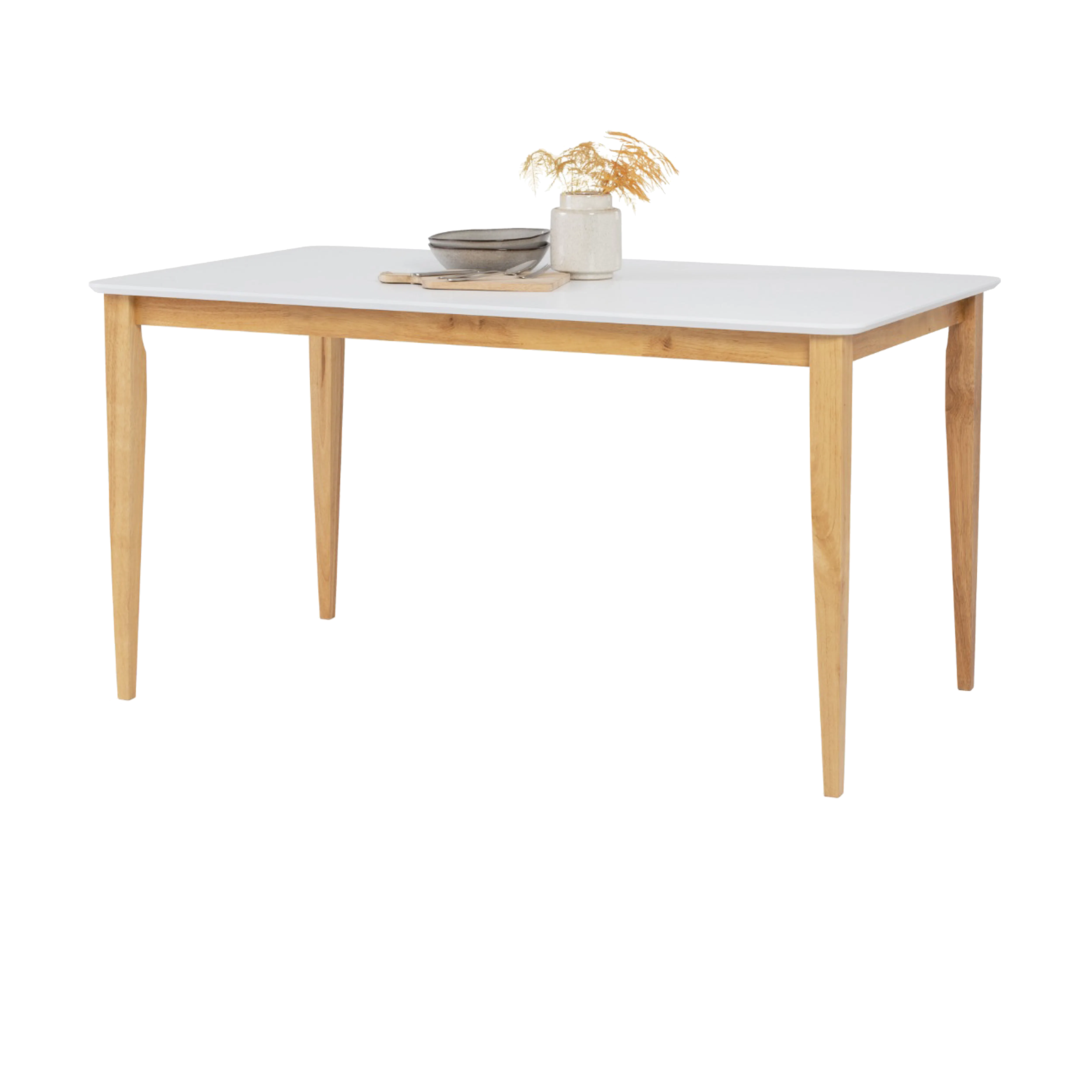 (As-Is) Charmant Dining Table 1.4m - Natural, White - 6 - 11 - White modern dining table, wooden legs, minimalist design