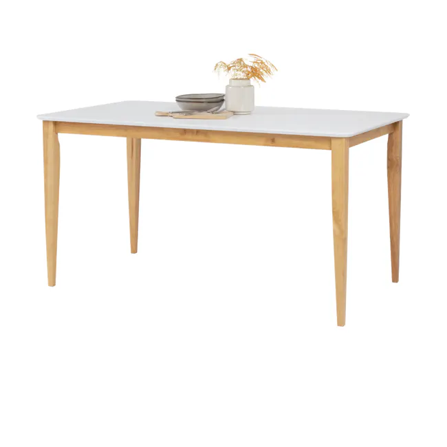 Charmant Dining Table 1.4m with Miranda Bench and Chairs in Peach Pink - 12 - White modern dining table, wooden legs