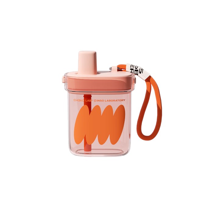 CHAKOLAB BOBO Square Straw Cup 780ml - Black/Grey - 3 - Clear plastic container, pink lid, orange design, orange and white