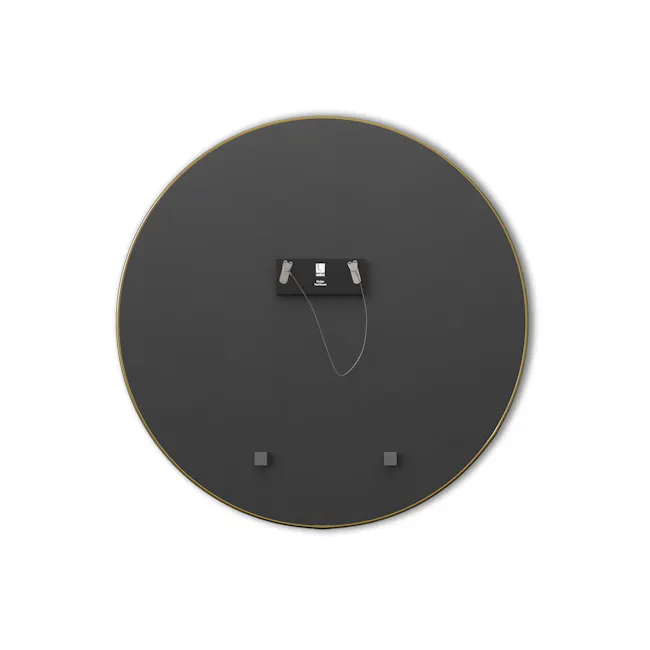 Hubba Round Mirror 86 cm - Brass - 4 - Black circular device with gold trim, black and white logo, gray cables, minimalist
