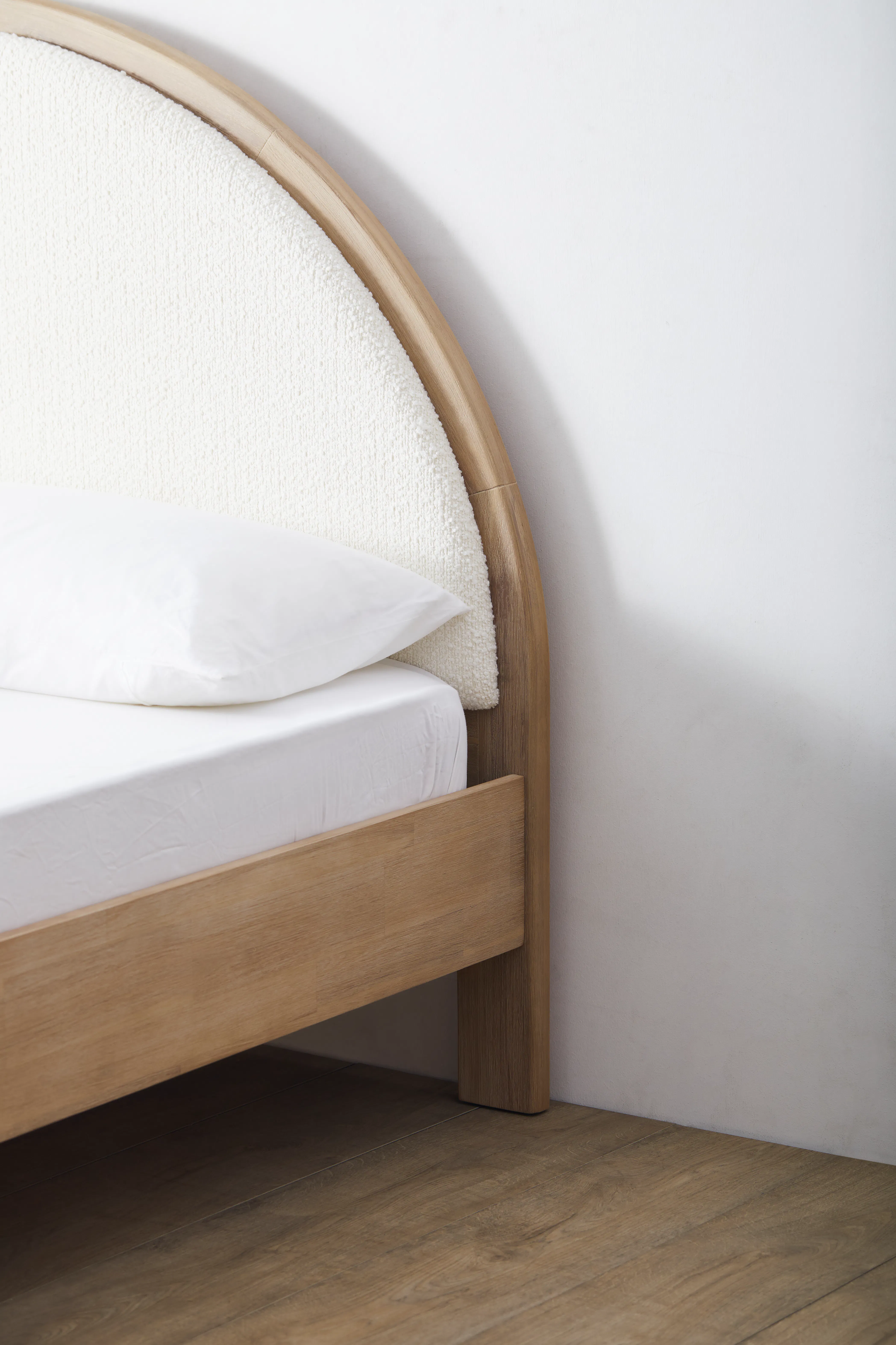 Catania Queen Bed - 10 - White textured mattress, wooden frame, minimalist bed, light wooden headboard, soft bedding, cozy