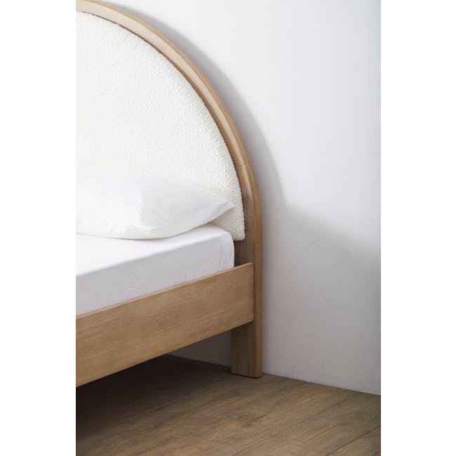 Catania Queen Bed - 13 - White textured mattress, wooden frame, minimalist bed, light wooden headboard, soft bedding, cozy