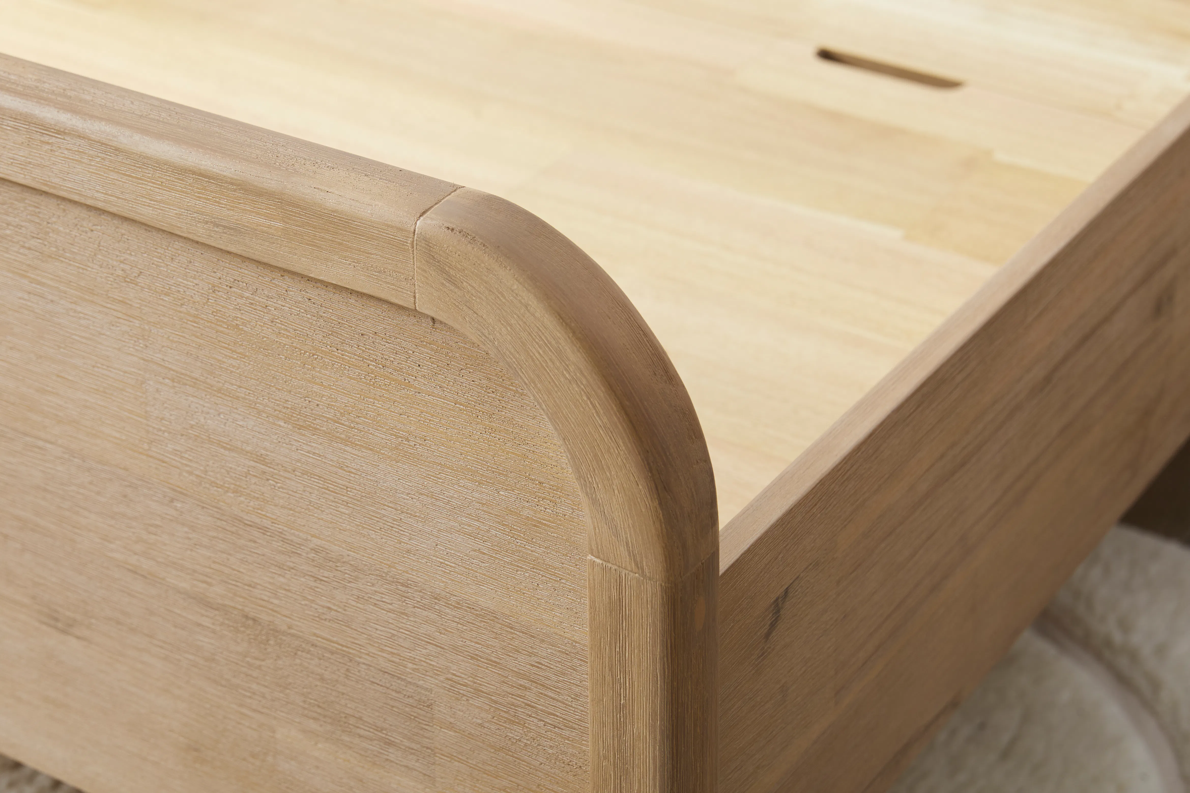 Catania Queen Bed - 12 - Wooden frame, curved edge, natural wood grain, smooth finish, minimalist design, wooden texture