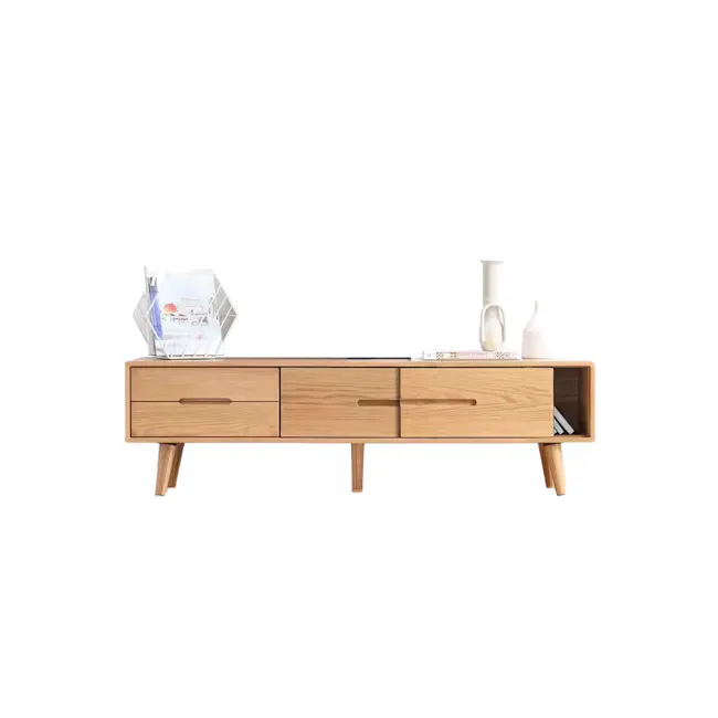 Beau TV Console 1.5m - Oak - 1 - Wooden sideboard, minimalist design, light wood finish, open storage, three drawers