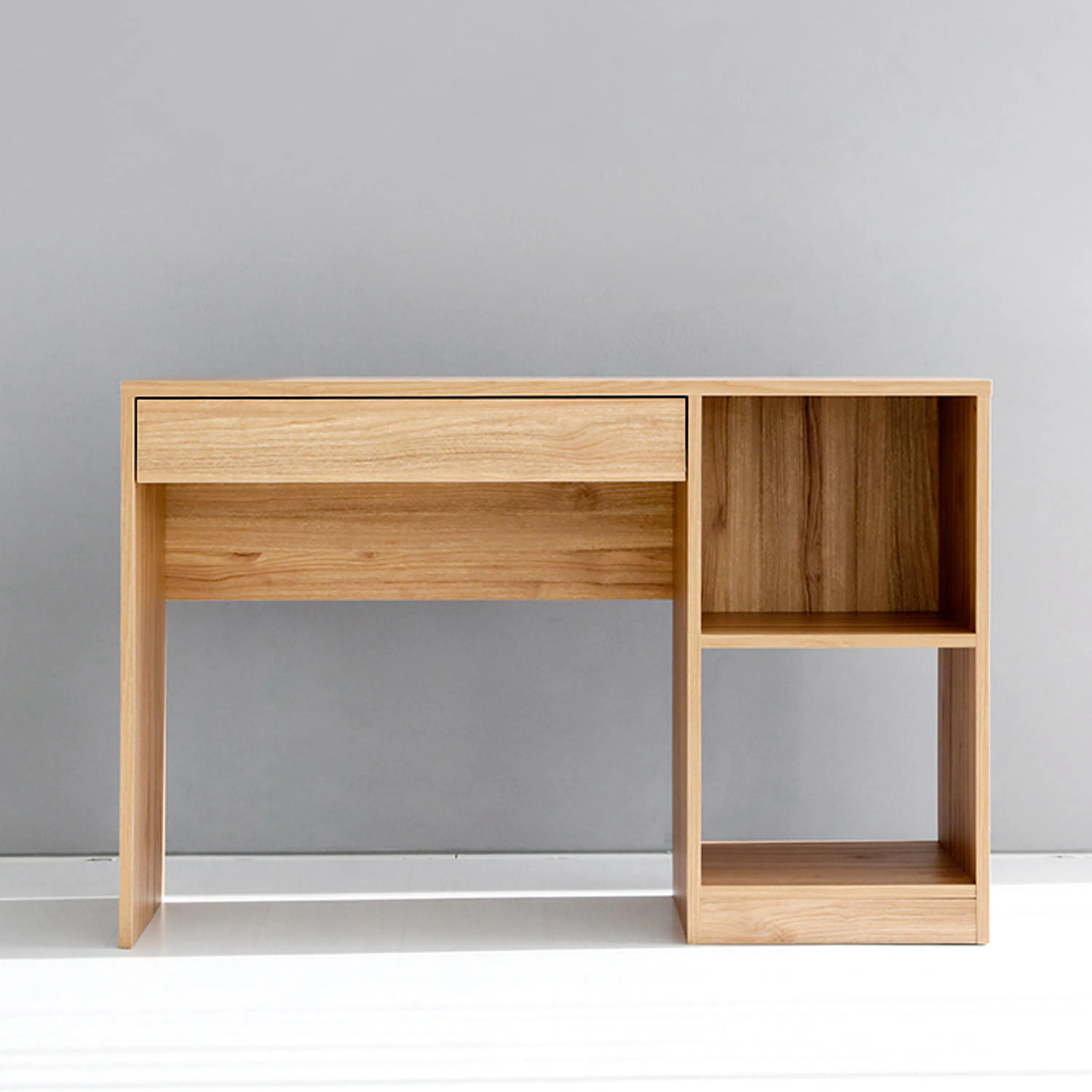 Sholid Study Table 1.1m - 13 - Light wood desk, minimalist design, light wood finish, natural wood texture, open shelving