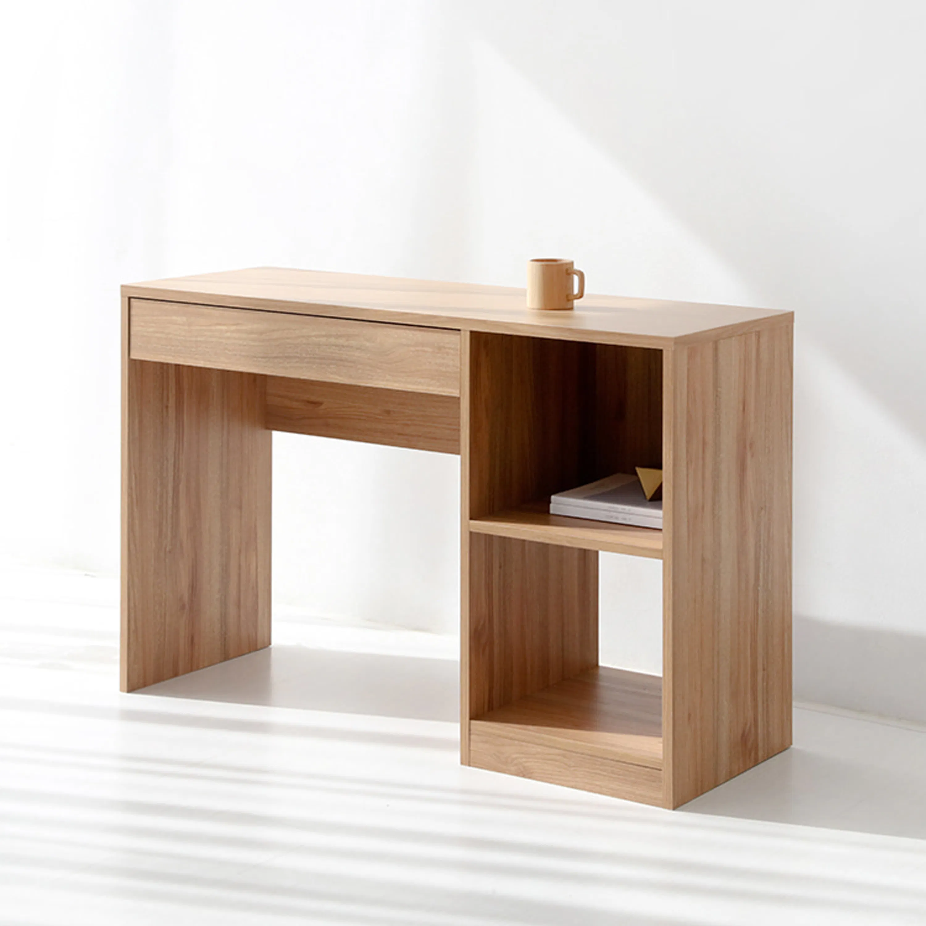 Sholid Study Table 1.1m - 11 - Light wood desk, minimalist design, natural finish, open shelving, wooden legs, clean lines