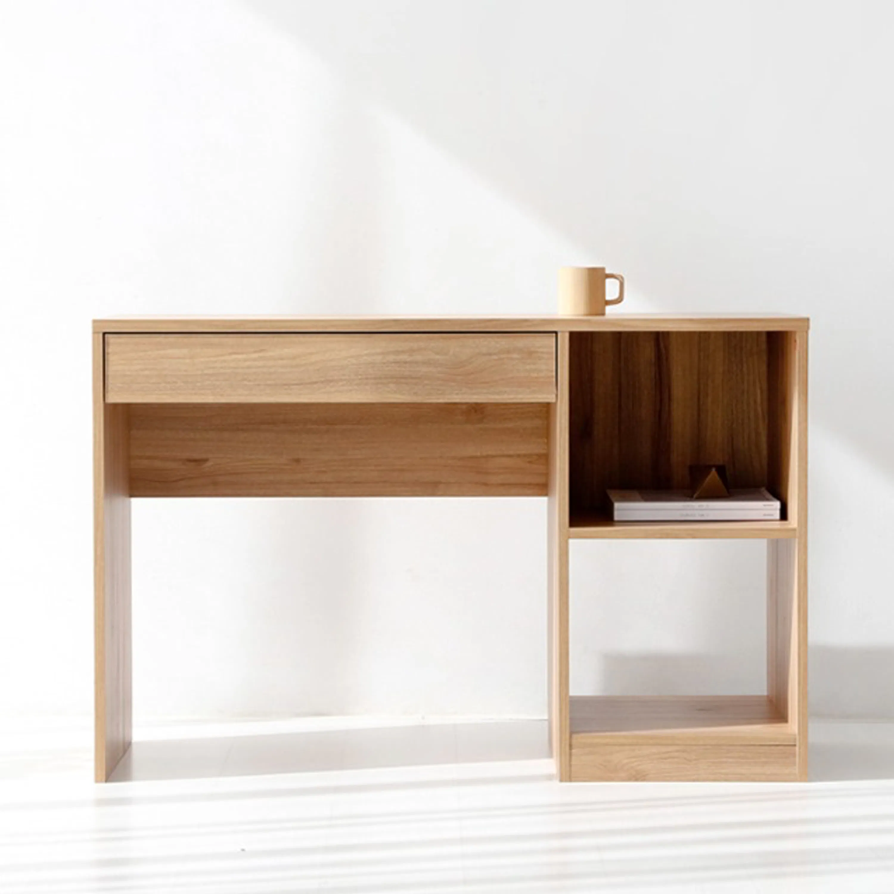Sholid Study Table 1.1m - 10 - Light wood desk, minimalist design, open shelving, wooden legs, clean lines, natural wood