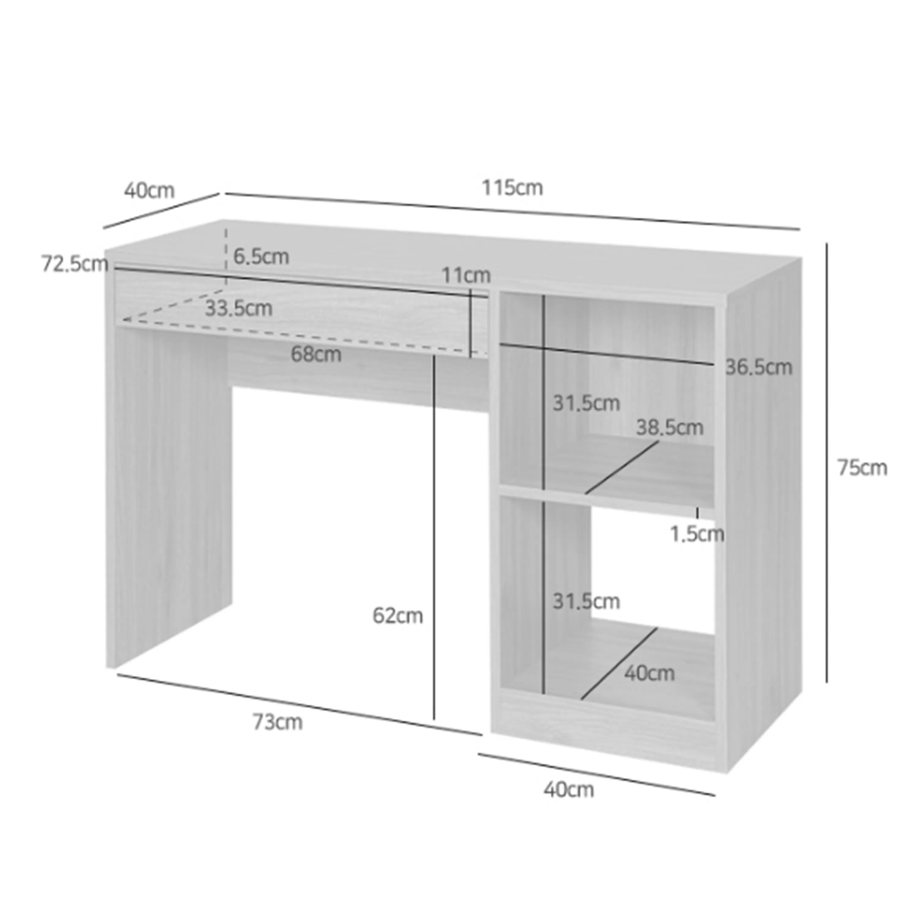 Sholid Study Table 1.1m - 9 - Wooden shelf, 5 cm wide, 5 cm deep, 40 cm height, 73 cm length, 62 cm width, 115 cm height, 5