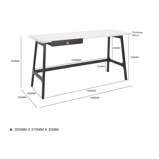 Morey Study Table 1.4m - Natural, Penny Brown - 8 - 350mm x 275mm x 35mm, 750mm x 1305mm x 502mm, 400mm x 210mm x 1360mm