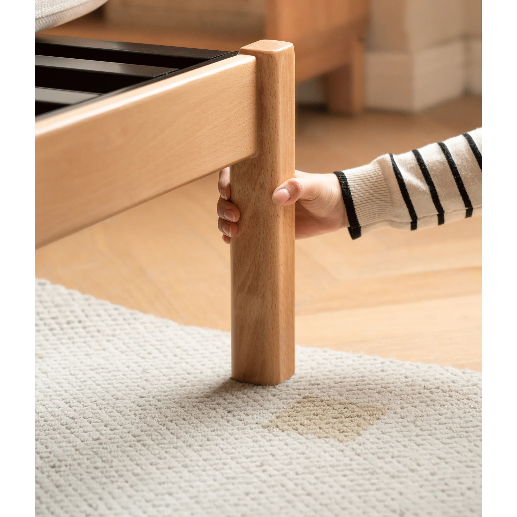 Cleo Sofa Bed / Bench 2m - Chestnut - 13 - Wooden drawer handle, child's hand gripping, beige carpet, wooden floor, light