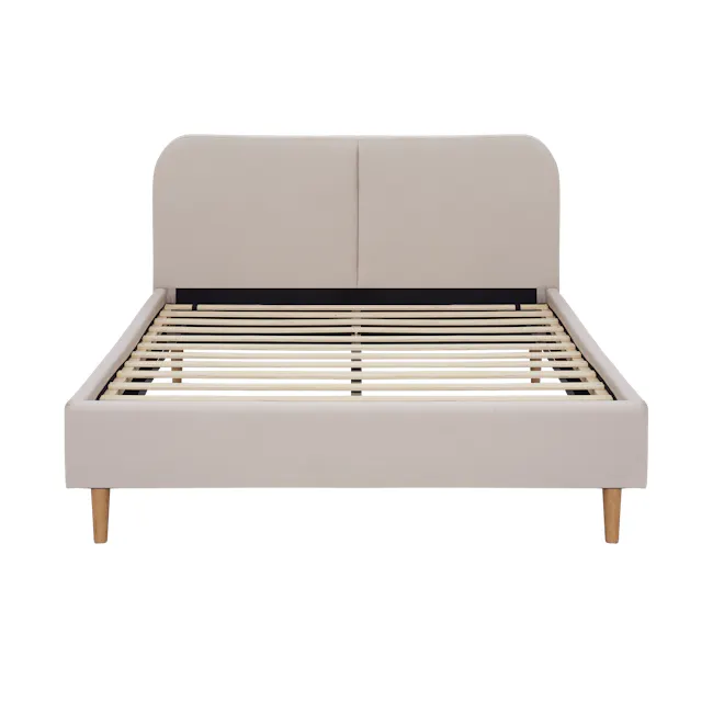 Nolan King Bed - Oatmeal - 3 - Modern minimalist bed frame, light beige upholstered headboard, wooden slatted bed frame