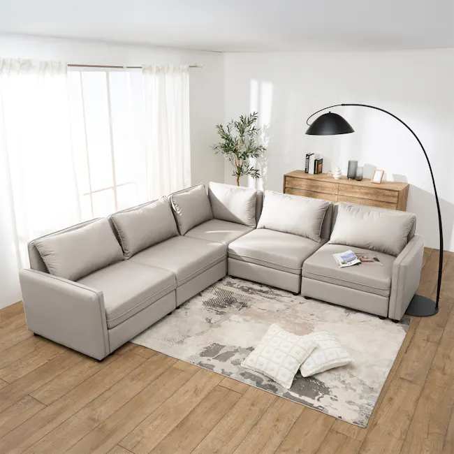 Cameron Storage Armless Unit - Grey (Pet Friendly) - 21 - Light-filled room with beige sectional sofa, floor lamp, wooden