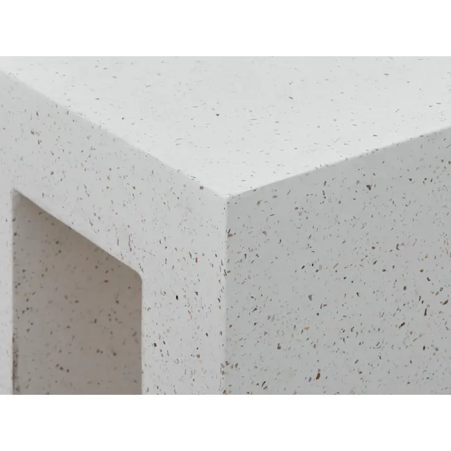 Ryland Terrazzo Stool - 2 - White textured surface, small scattered debris, irregularly shaped fragments, speckled pattern
